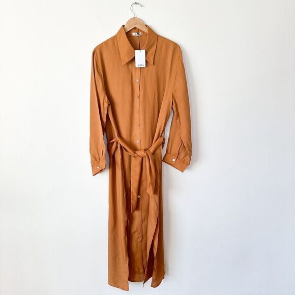 Aura Women’s Rust Camel Golden Fall Long Sleeve Button Down Shirt Maxi Dress - Picture 1 of 13